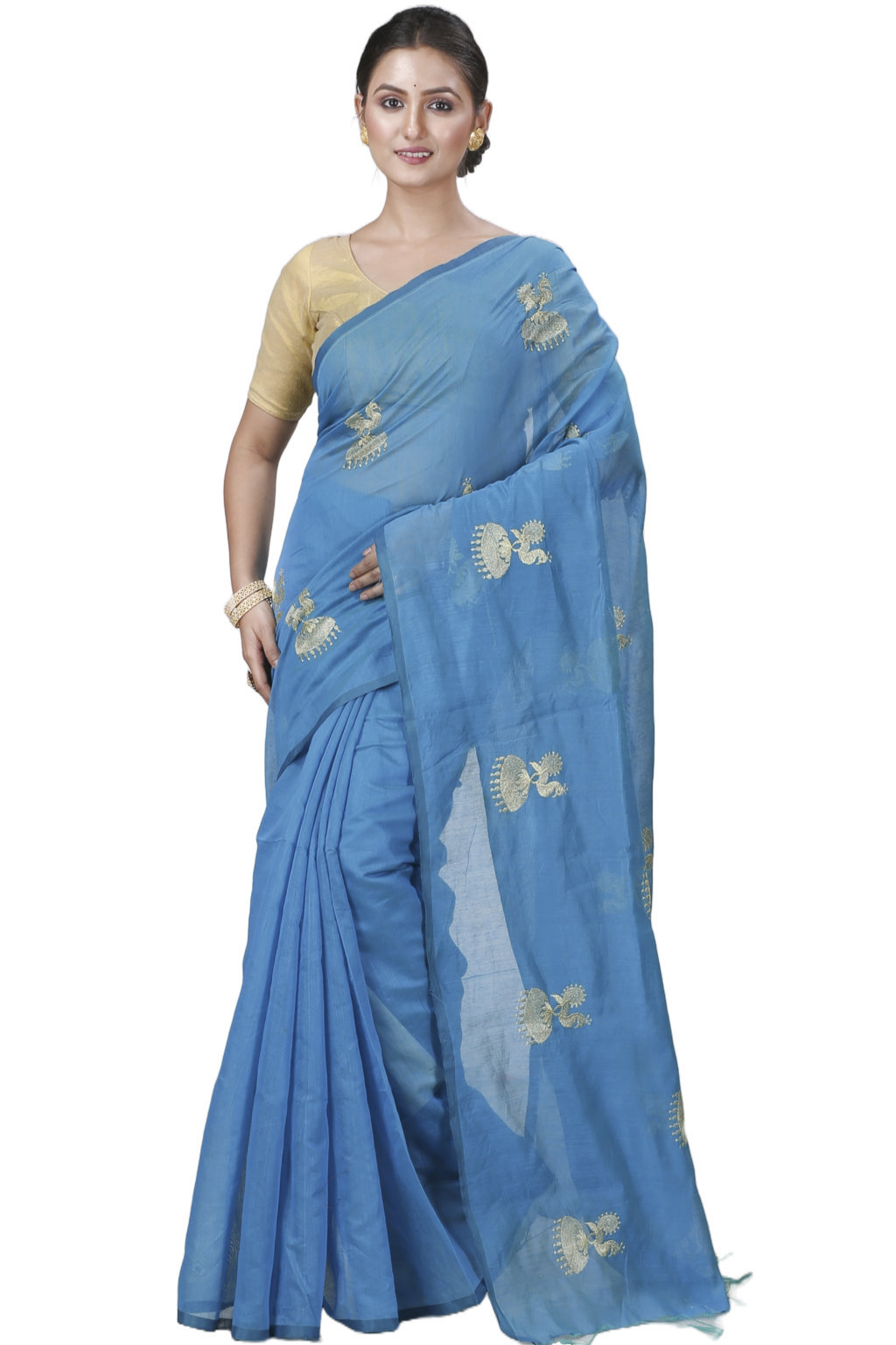 Sky Blue Blended Cotton Tuli Hand Loom Saree (1238)